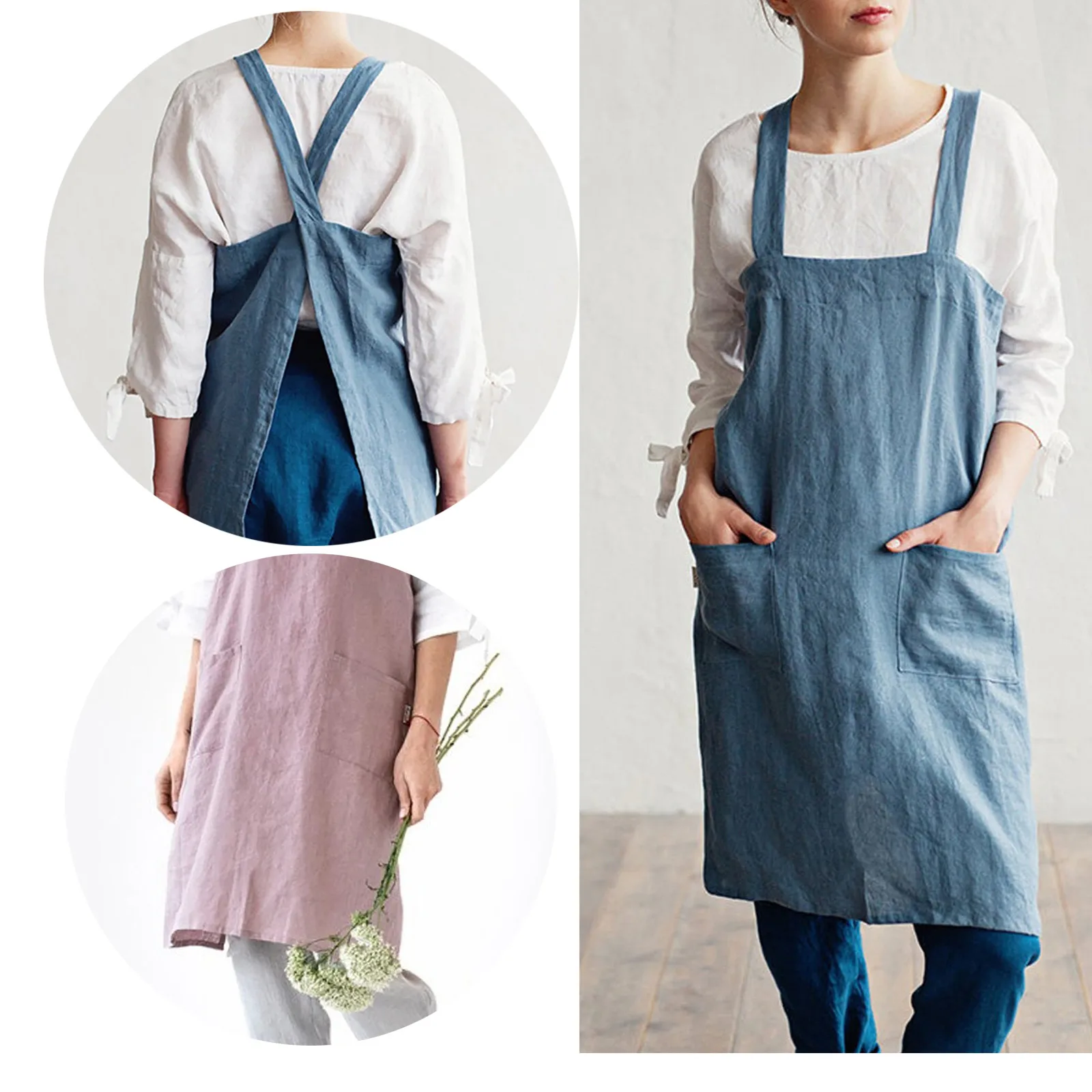 NLUS Delantal de algodón para mujer con bolsillos, delantal cruzado  trasero, delantal japonés, lindo delantal para cocinar jardinería