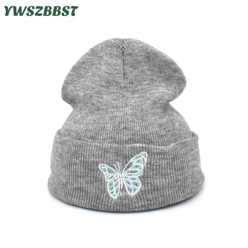 

New Autumn Winter Outdoor Crochet Women Skullies Hat Butterfly Embroidery Print Head Cap Lady Knitted Warm Cap Women Beanies Cap