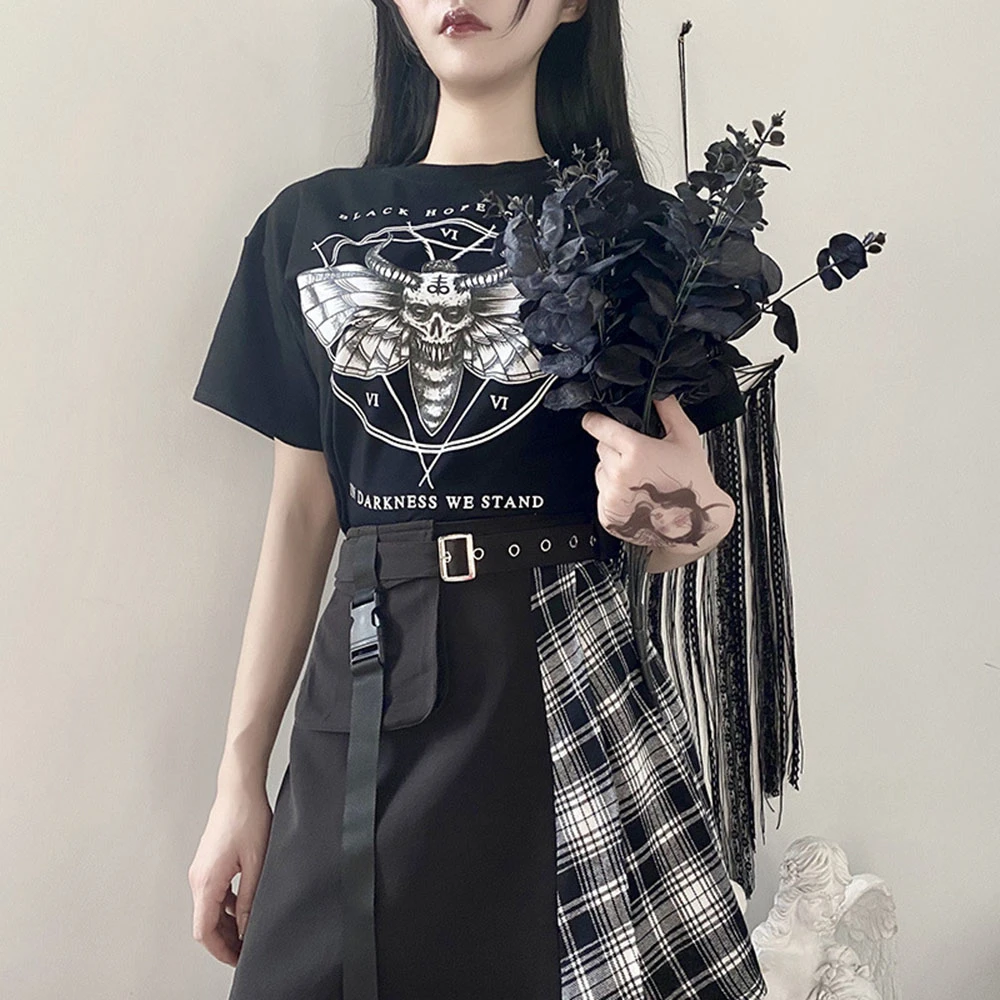 Camiseta con estampado de gótico oscuro malvado para ropa de calle gótica, manga corta, Preppy, 2020|Camisetas| - AliExpress