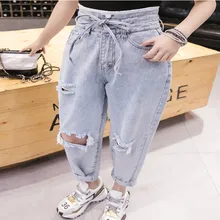 Новинка, рваные женские джинсы с высокой талией, повседневные джинсовые штаны-шаровары, с дырками, длиной до лодыжки, с манжетами, светильник, синие джинсы для женщин