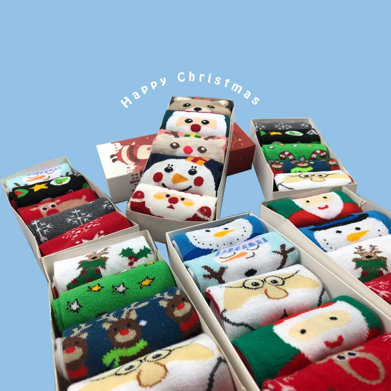

SP&CITY 5Pairs Cartoon Happy Christmas Socks Set Women Winter Cute Cotton Sock Hipster Unisex High Socks Christmas Gift Box Sox