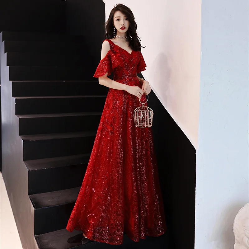 

New Evening Dress Shining Sequined A Line Floor Length Elegant Party Dresses 2020 Lace Up Zipper Back Formal Prom Gowns E395