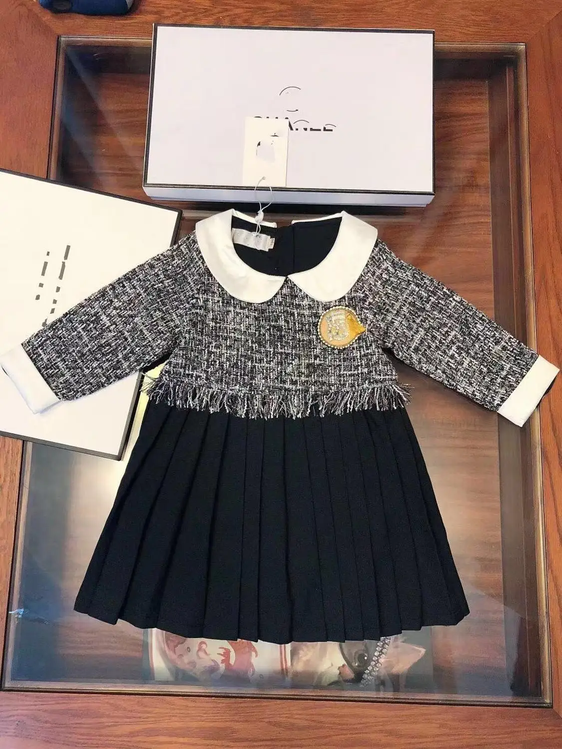 

CC Fashion Girls Autumn Long Sleeve Peter Pan Collar Dress Sweet Black Knee-Length Splicing A-Line party dress