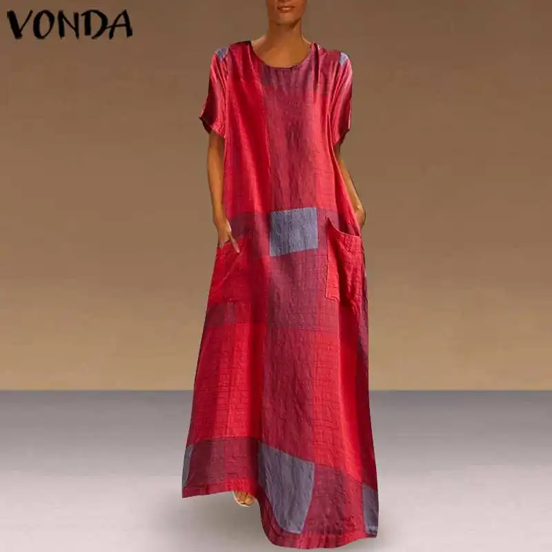 

VONDA Bohemian Vests Holiday Beach Dress Women Casual Loose Vintage Patchwork Plaid Maxi Dress 2019 Summer Sundress Plus Size