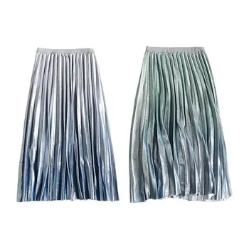 

Womens Autumn Metallic Glitter Gradient Color Midi Long Pleated Skirt High Waist A-Line Bright Velvet Elascity Casual Party Wear
