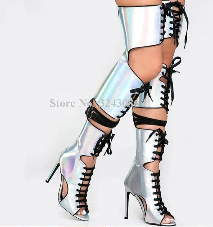 silver thigh high strappy heels