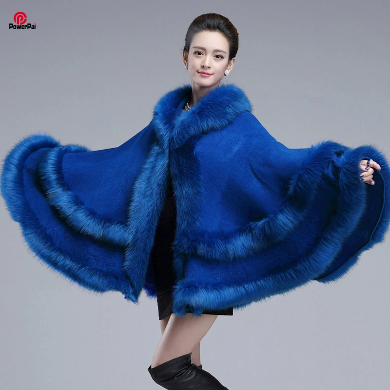 Европейский стиль, модное пальто с двойным мехом лисы, накидка с капюшоном, вязаный кашемировый плащ, кардиган, верхняя одежда размера плюс, женская зимняя новая шаль 1,1 кг
