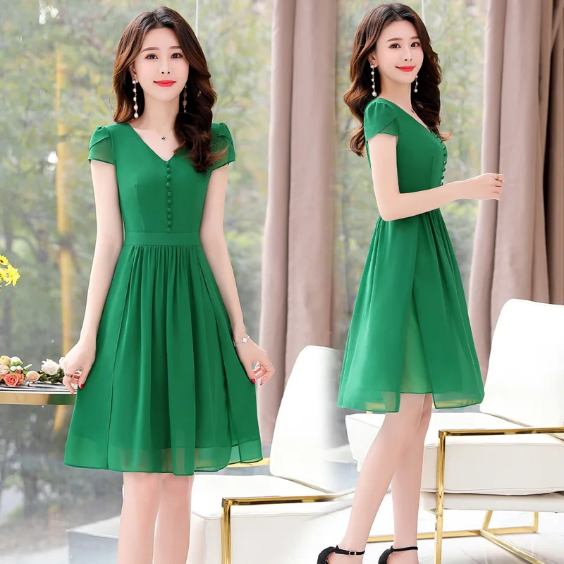 

45-90kg 4XL V-neck Knee-length Slim Summer Button Chiffon Candy Color Rose Red Green Black Cocktail Dresses Party Cocktail Dress