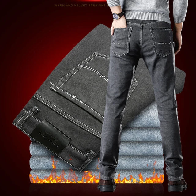 

Fleece Warm Winter Jeans Men Stretch Elasitc Straight Classic Black Denim Jeans Men Regular Fit Plus Size