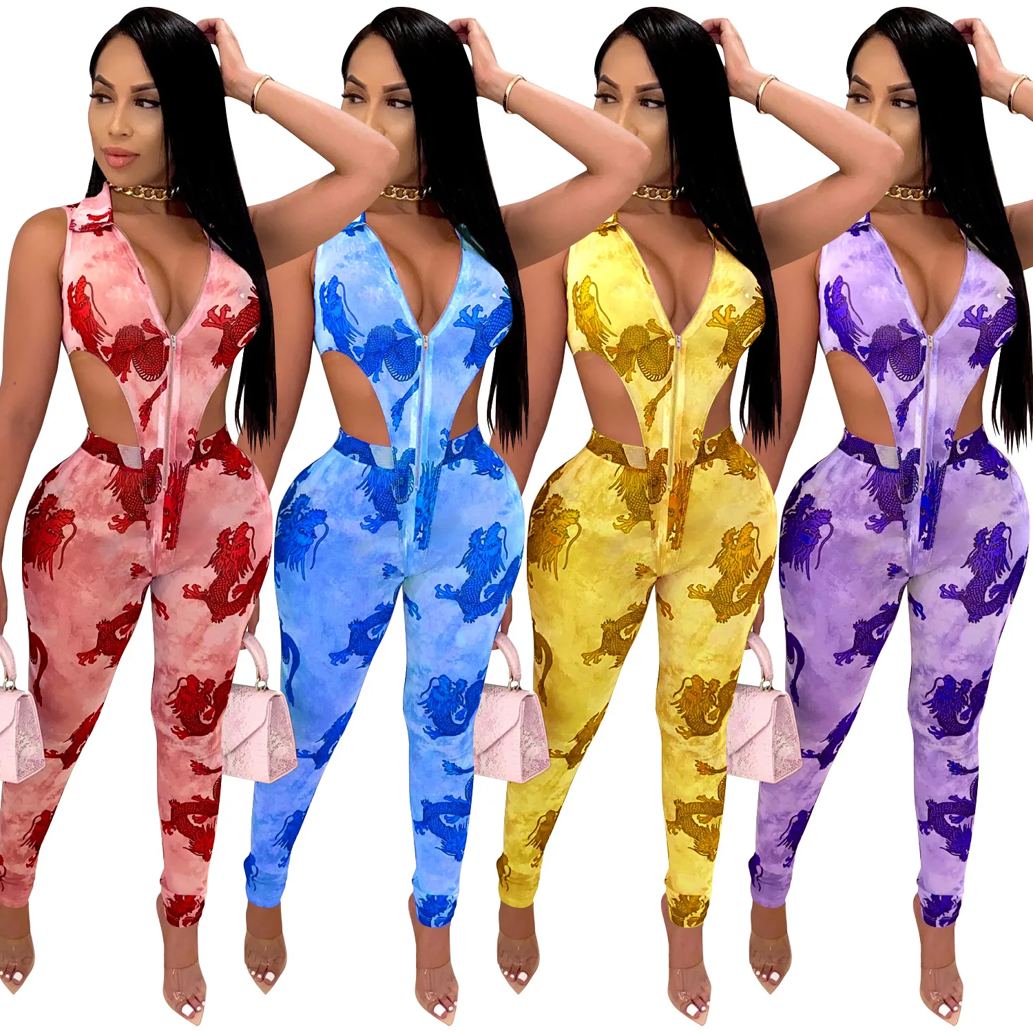 Cutubly Chinese Dragon Print Tracksuit Two Piece Set Outfits Sexy Deep V Zipper Bodysuit and Pants Suit Women's Club Wear |