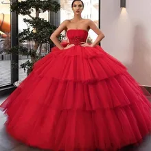 Красное платье Quinceanera бальное платье без бретелек, Многоярусное юбка аппликации из бисера складки сладкий 16 платье девочки для дебютантки на Выпускной платья