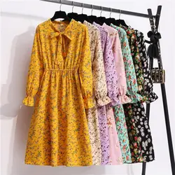 Vestido de chiffon feminino vintage floral impresso manga comprida arco midi vestidos primavera outono alargamento manga vestido