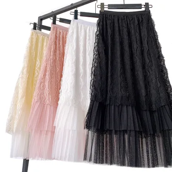 

2020 Spring and Summer Women's Skirt Sexy Lace Silk Gauze Hollow Out Slim Fit Transparent Cake Skirt