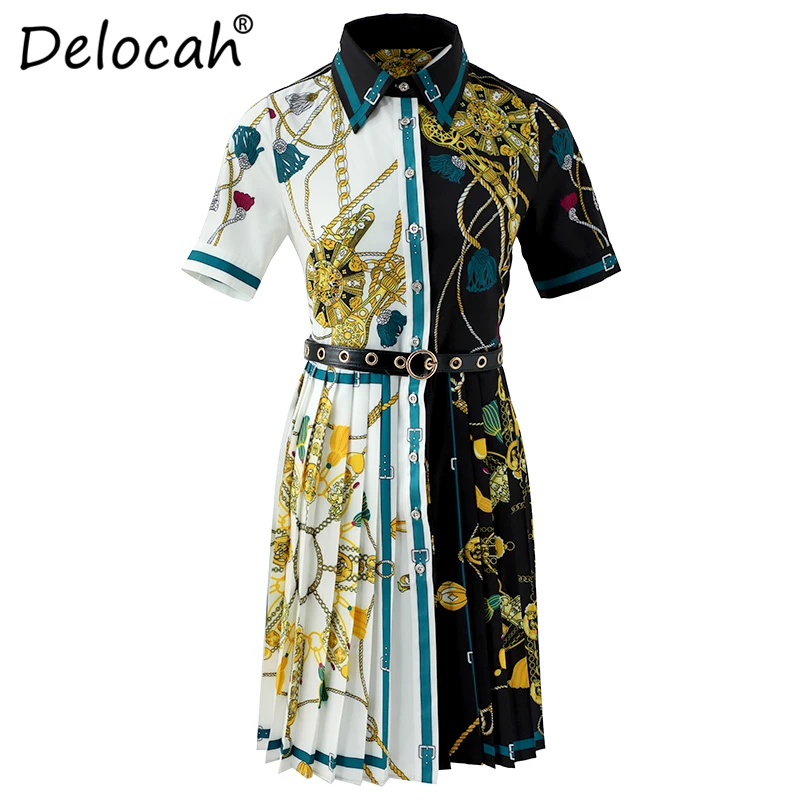 Delocah/Новое модное летнее мини-платье для подиума, женские платья с короткими рукавами и принтом на пуговицах, элегантные винтажные вечерние плиссированные платья