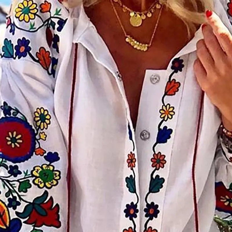 Женская этническая белая рубашка с цветочной вышивкой новинка 2019 отложной
