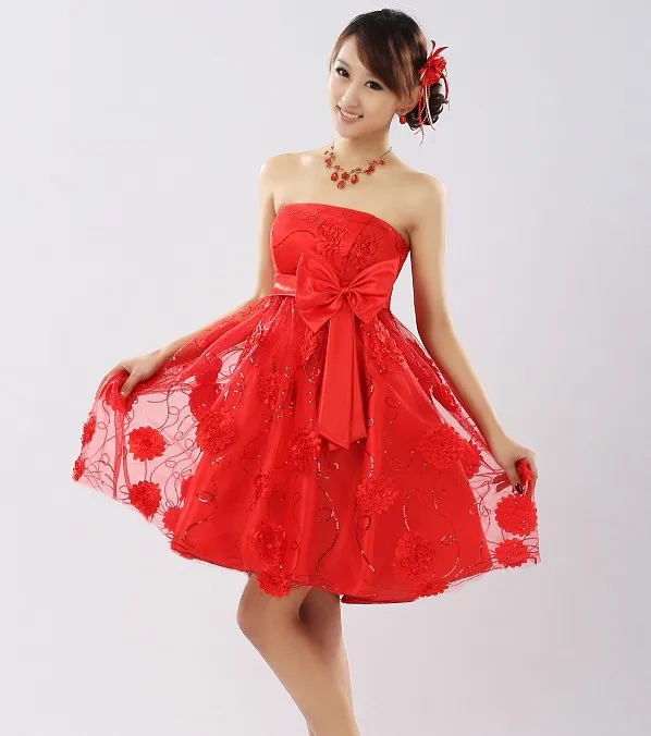 

new fashion party gown 2015 summer dress weddings hot sexy knee-length bow lace flowers short prom dresses