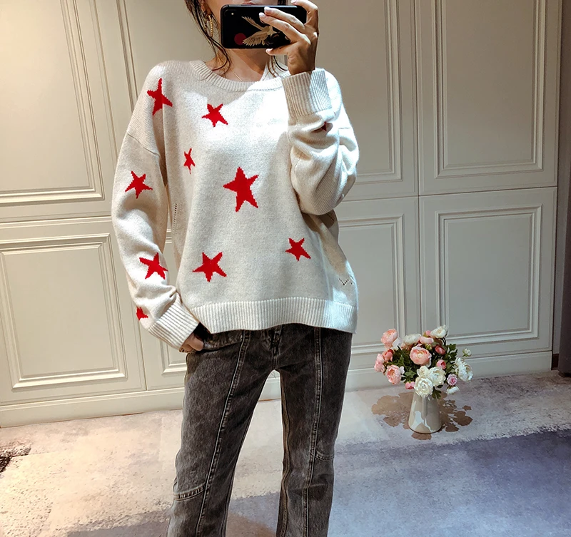 

Women Sweater 2019 Autumn / Winter Trade Goods Red Stars Round Neck Small Loose Women Cashmere Sweater