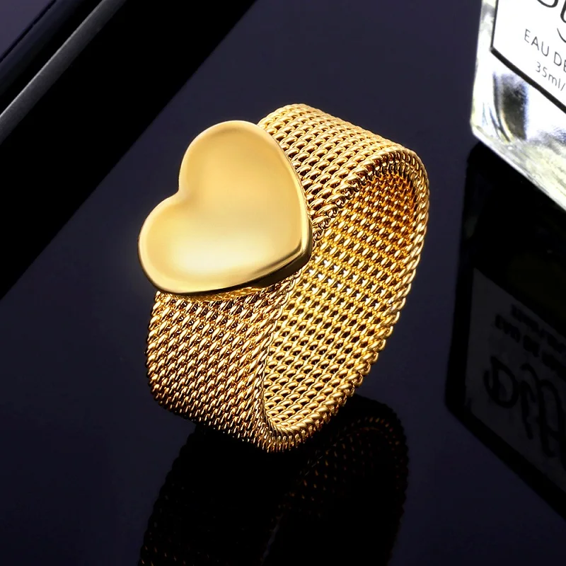 Stainless Steel Gold Color Ring Heart Shape Mesh Rings For Men Women Lover Jewelry Gift