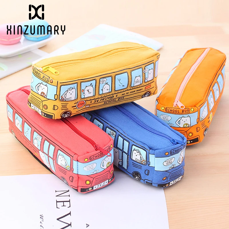 

Creative School Bus Pencil Case Large Capacity Cartoon Animal Canvas Pencil Bags Orange Red Yellow Blue Available Estojo Escolar