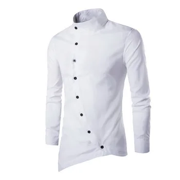 

2020 Spring Autumn Men's Button Irregular Casual Shirt Long Sleeve Slim Fit Male Shirts Solid Stand Cotton Men Shirts