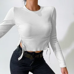 Camiseta deportiva de gimnasio para mujer, Tops de Yoga, camiseta de manga larga de punto acanalado, camiseta elástica de entrenamiento, ropa transpirable para Fitness, camiseta ceñida