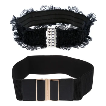 

2 Pcs Black Waist Belt: 1 Pcs Faux Leather Elastic Cinch Belt Waist Band for Women & 1Pcs Trendy Sweet Lace Solid Color Elastic