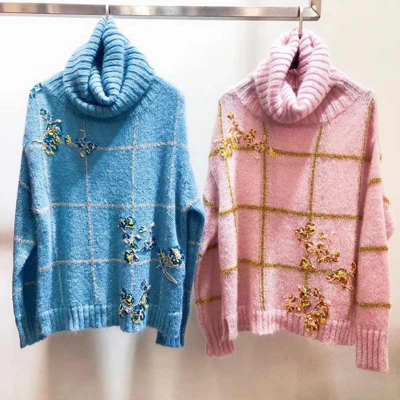 Autumn Women Knitted Turtleneck Sweater Casual Soft polo-neck Jumper Fashion Flower Pullovers