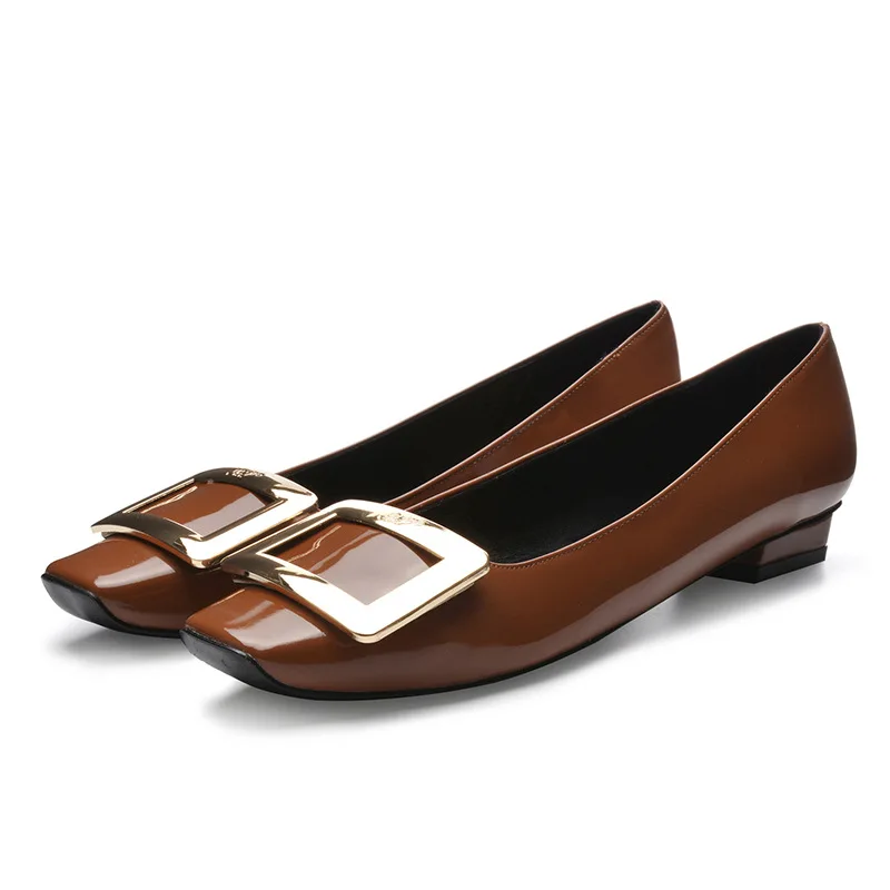 

2019 Ozhouzhan Spring And Autumn Low Heel WOMEN'S Genuine Leather Shoes RV Metal Square Buckle Shoes Patent Leather Chunky-Heel
