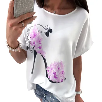 

Pop Women Tops Loose High Heel Shoes Printed Short Sleeves Casual T-Shirt For Summer Pop 88