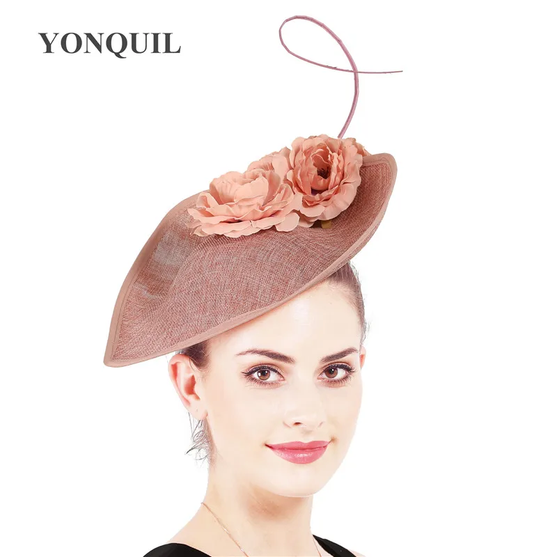 Винтажное красивое украшение для волос в виде цветка шляпы для элегантных женщин свадебные коктейльные гонки fedora Шляпа дамы формальное платье головной убор заколка для волос - Цвет: peach