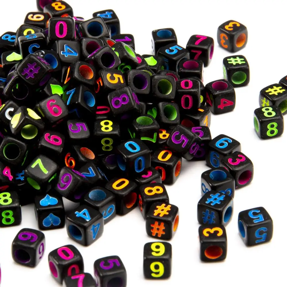 

Factory Direct Sell 2600pcs 6*6mm Black Square Cube Neon Colors Acrylic Number Beads Mixed Big Hole Plastic Spacer Letter Beads