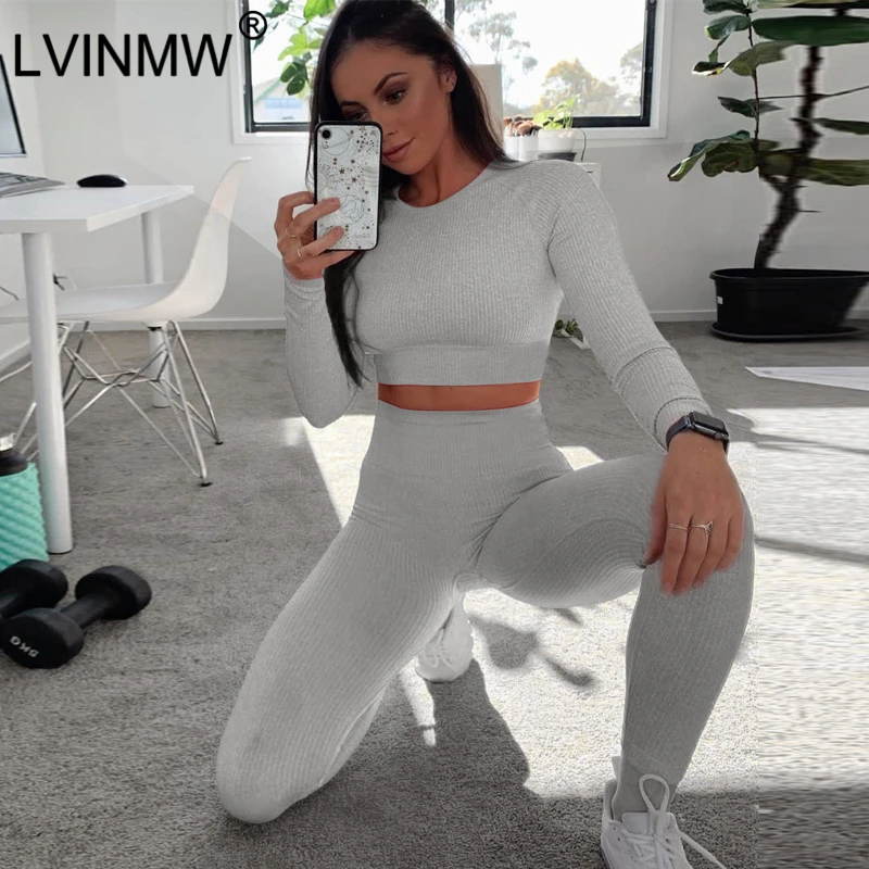 

LVINMW Solid Sportswear Two Pieces Set O Neck Long Sleeve Skinny Ctop Top Elastic Waist Stretchy Pants Winter Women Tracksuit