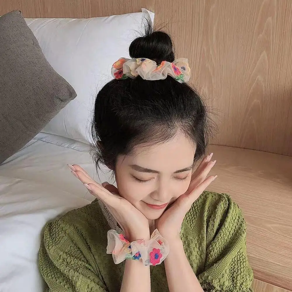 Mesh Polka Dot Large Intestine Loop Hair Headband Vintage Embroidered Flower Rope Highly Gauze Elastic Accessories |