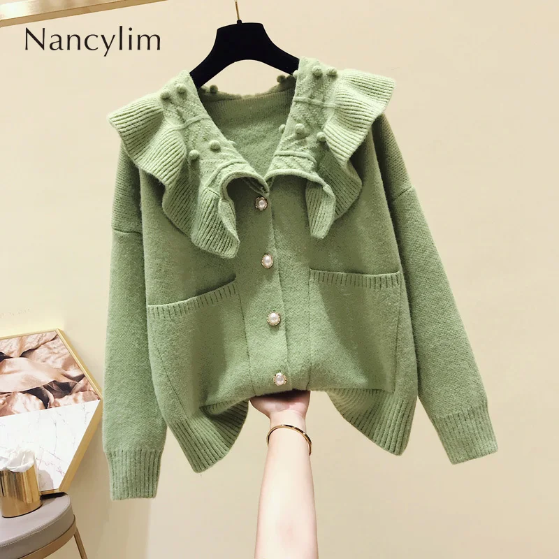 

Cardigan Autumn Female 2019 New Sweet Ruffles V Collar Cardigan Sweater Female Student Small Fresh Knit Coat Lady Cardiagns