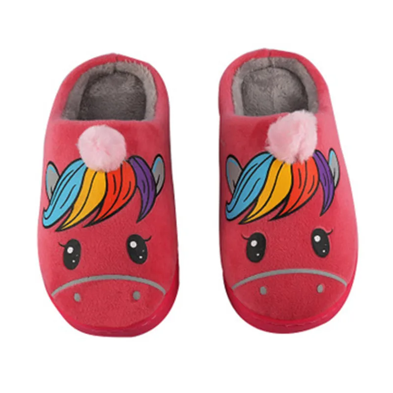 Новинка года; Сезон Зима; теплые детские тапочки с милым рисунком единорога; хлопковые детские тапочки; домашняя обувь для девочек; нескользящая домашняя обувь для малышей - Цвет: Красный