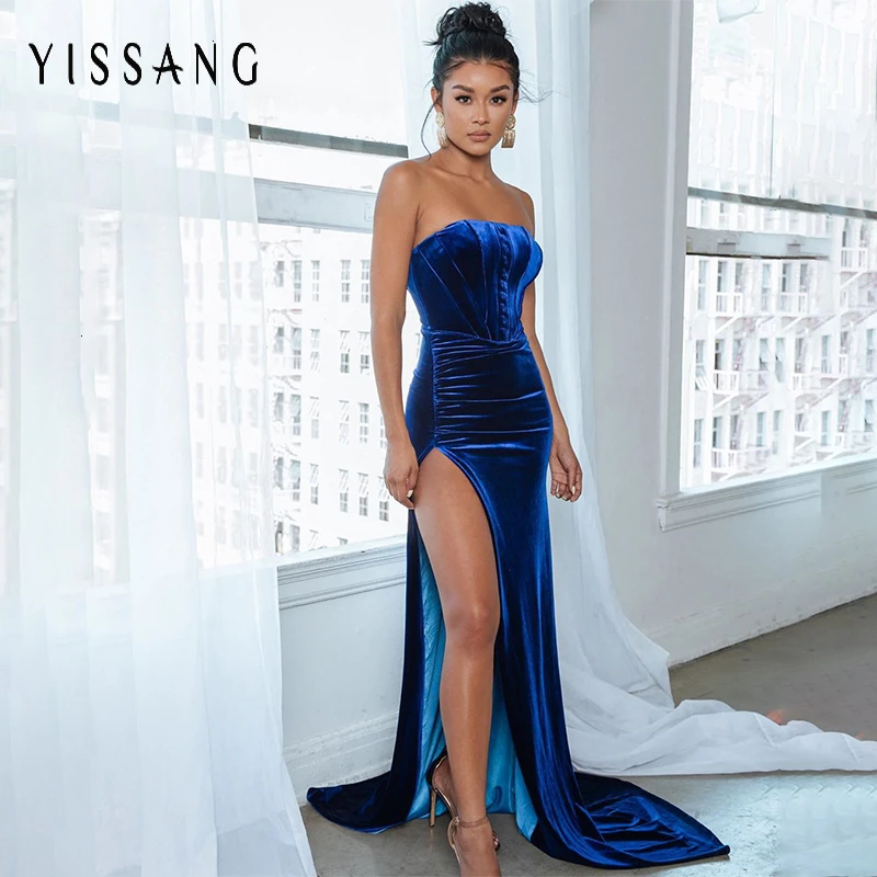 Yissang, синее сексуальное платье макси, бархатное, с открытой спиной, с разрезом, без рукавов, вечерние, для клуба, для женщин, черное, длинное, приталенное платье