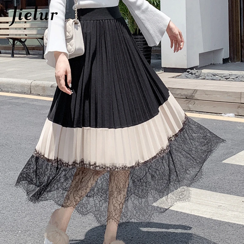 Jielur Тюлевая юбка Новая Женская эластичная плиссированная юбка с высокой талией Осень Зима юбки в стиле пэтчворк Femme тонкая сетка 3 цвета