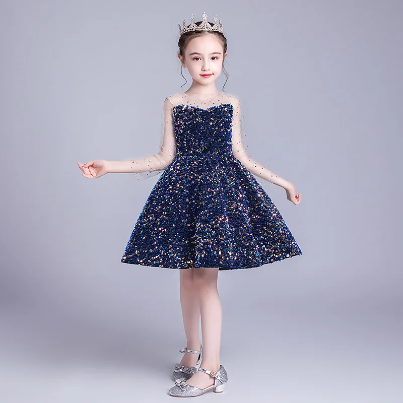 Платья с цветочным узором для девочек, расшитые блестками, для свадьбы, вечерние платья с тюлевыми рукавами, торжественное платье для девочек на день рождения, платье принцессы