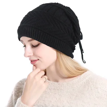 

Cheap Woman Wool Knited Skullies Cap Scarf Multi-function Warm Fur Lined Beanies Women's 2019 Soft Wool Female Hats Gorros Black