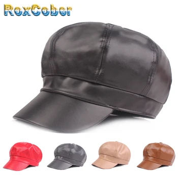 

RoxCober Simple Fashion Leather Octagonal Cap Mens Womens PU Solid Beret Autumn Winter Warm Women's Hat Retro Newsboy Cap