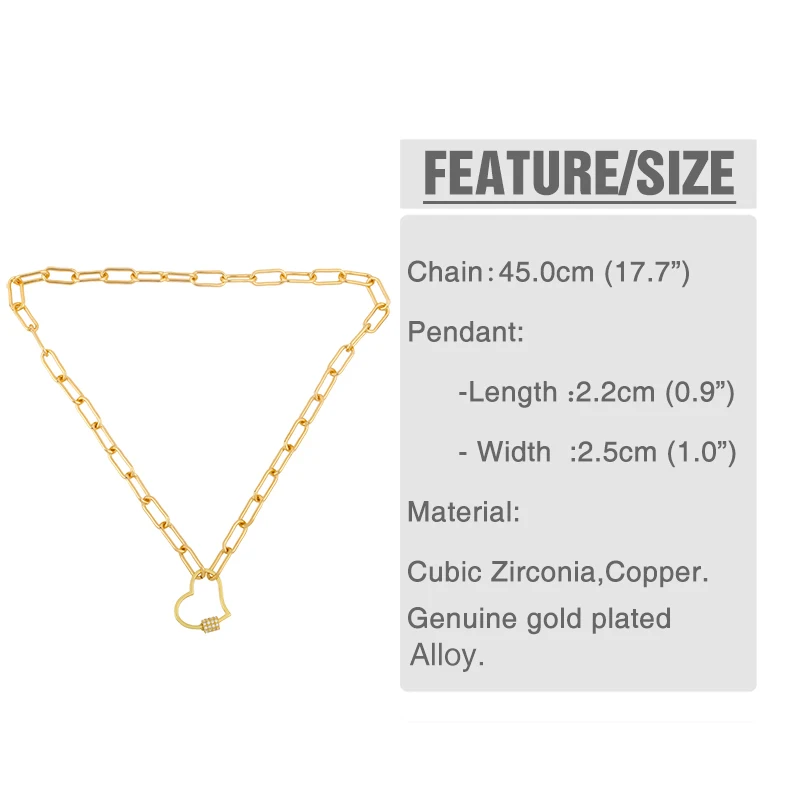 FLOLA Gold Heart Necklace For Women Carabiner Lock Lightning Bolt Pendant Necklace Zirconia Copper Punk Statement Jewelry nker30
