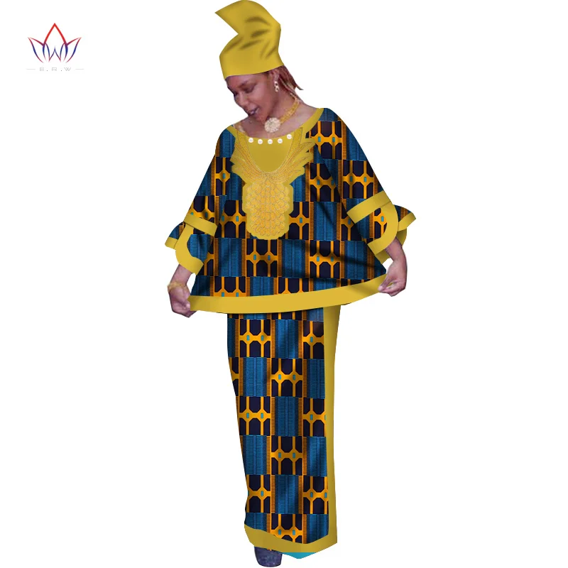 

Traditional African Clothing Bazin Riche Dress with Headscarf 2 Pieces Set Tops & African Print Skirt Plus Size 6XL WY199