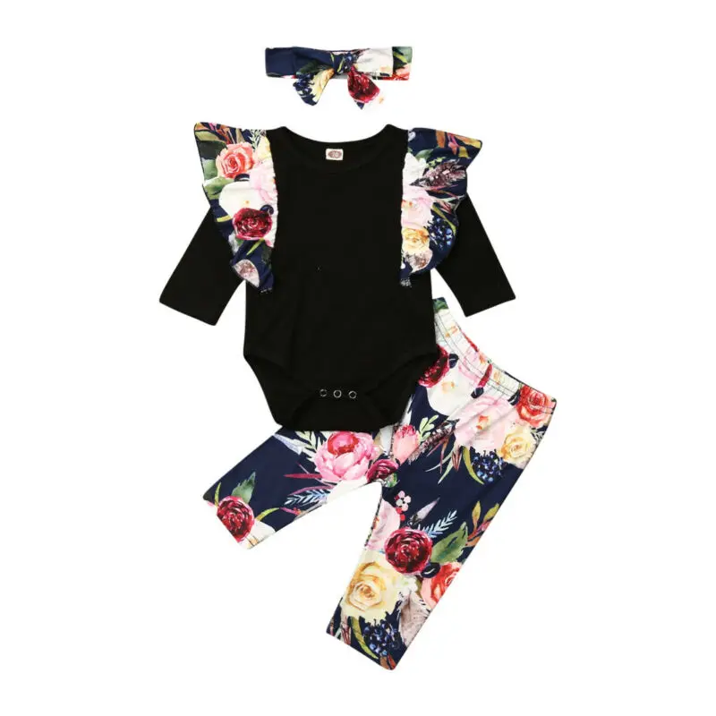 

New 3Pcs Baby Girl Flower Fly-Sleeve Ronper Bodysuit Pants Outfit Autumn Clothes
