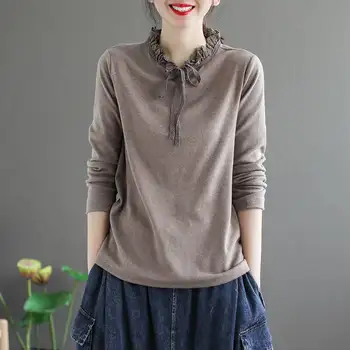 

Long Sleeve Top Vintage T Shirt Oversized 100% Cotton Plus Size Women Ruffle Basic Tshirt Autumn Ladies Clothes Casual