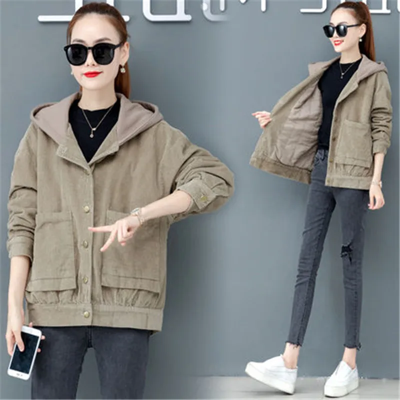 khaki Винтажные женские короткие куртки, новинка, Корейская Свободная Повседневная хлопковая куртка большого размера, зимнее вельветовое пальто с капюшоном, верхняя одежда XA328 - Цвет: khaki