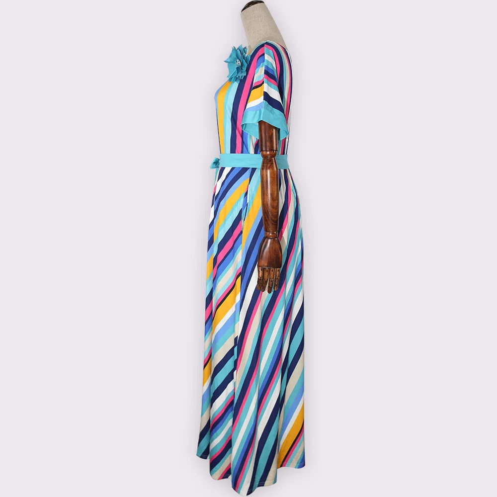 Olivekwok, летние женские вечерние платья макси для девушек, женское длинное платье с круглым вырезом, коротким рукавом, разноцветным полосатым поясом и корсажем, KYT55