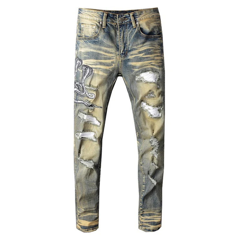 Sokotoo Men's snake embroidered retro denim jeans Slim skinny holes PU leather patchwork stretch pants Sokotoo Men's snake embroidered retro denim jeans Slim skinny holes PU leather patchwork stretch pants
