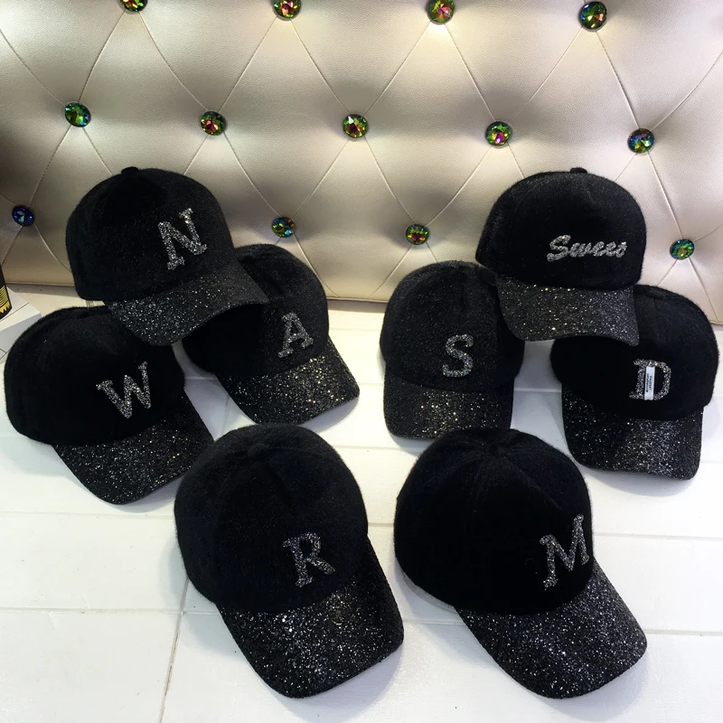 Пара шляпа Женская осень и зима корейский мохер бейсбольная кепка Повседневная водная дрель письмо шляпа с пайетками Студенческая Кепка s женщин и мужчин