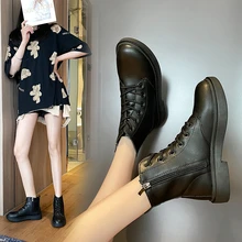 

Female Leather Boots Heels Martin Ankle Boots Designer Platform Shoes Woman Booties Zipper Chunky Shoes