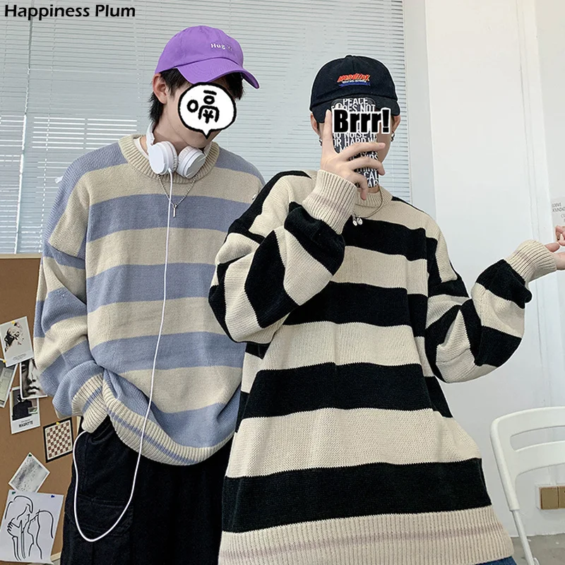 

Men Oversize Pullovers Classic Retro Striped High Quality Korean Style Slouchy All-match Basic Sweaters Trendy Students Couples